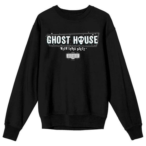 Beetlejuice Beetlejuice Ghost House Sign Adult Black Crew Neck Long Sleeve Sweatshirt-Small