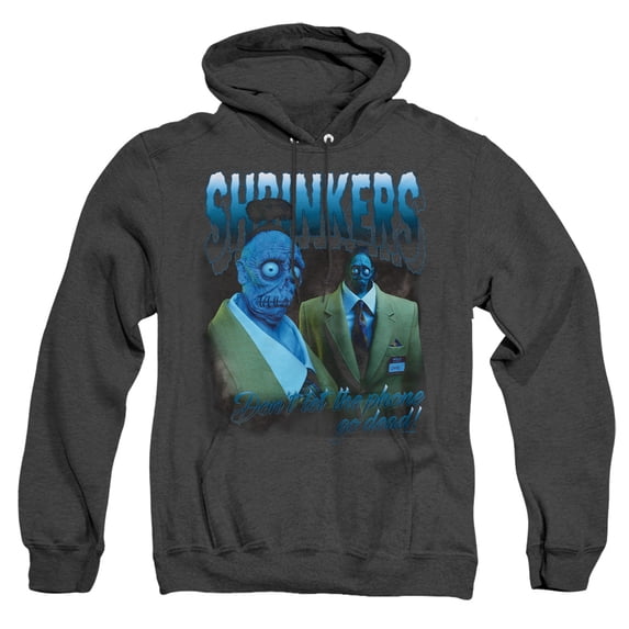 Beetlejuice Beetlejuice Shrinkers Homage Unisex Adult Pull-Over Heather Hoodie, Black Heather, Small