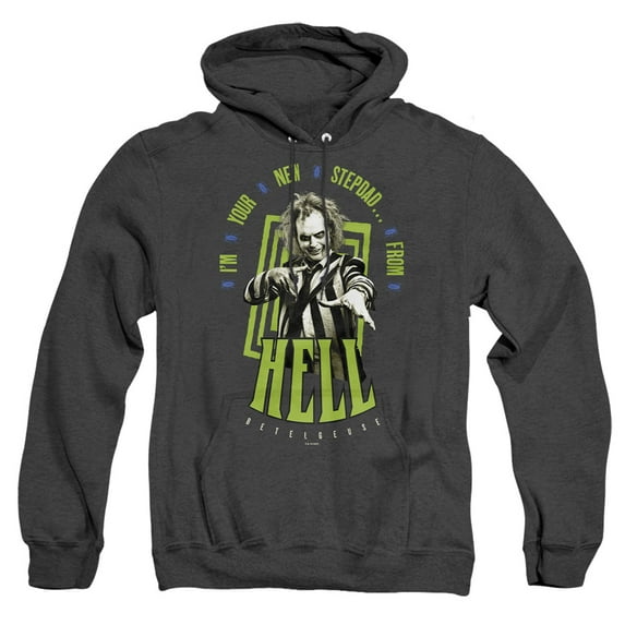 Beetlejuice Beetlejuice Stepdad From Hell Unisex Adult Pull-Over Heather Hoodie, Black Heather, Large