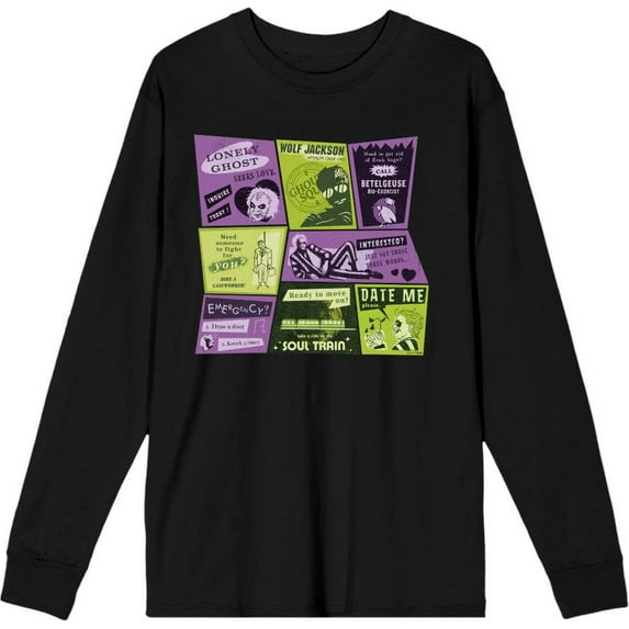 Beetlejuice Beetlejuice Valentine Card Collage Adult Black Crew Neck Long Sleeve Tee-Medium