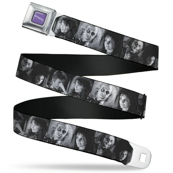 Beetlejuice Belt, Seatbelt Buckle Belt, Beetlejuice Character Face Blocks Black White, Youth 22 to 32 Inches