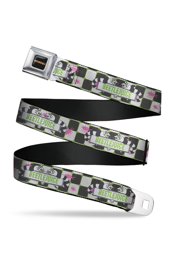 Beetlejuice Belt, Seatbelt Buckle Belt, Beetlejuice Sandworms with Spiders and Logo Green White Black, Youth 22 to 32 Inches