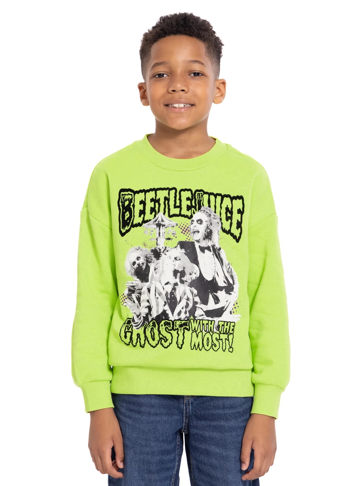 Beetlejuice Boys Long Sleeve Halloween Graphic Crewneck Sweatshirt, Sizes 4-18