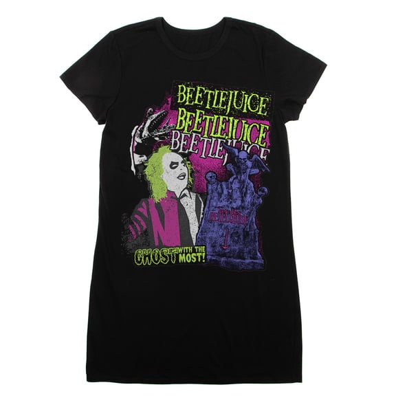 Beetlejuice Classic Movie Juniors Black Graphic Print Tee Shirt Dress-Small