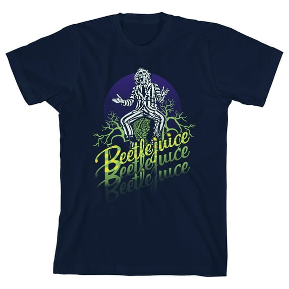 Beetlejuice Classic Movie Youth Boys Character & Text Navy Blue T-Shirt-Small