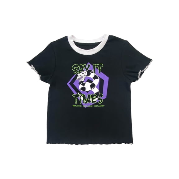 Beetlejuice Girls Ribbed Black White Say It 3 Times Short Sleeve T-Shirt L 10/12