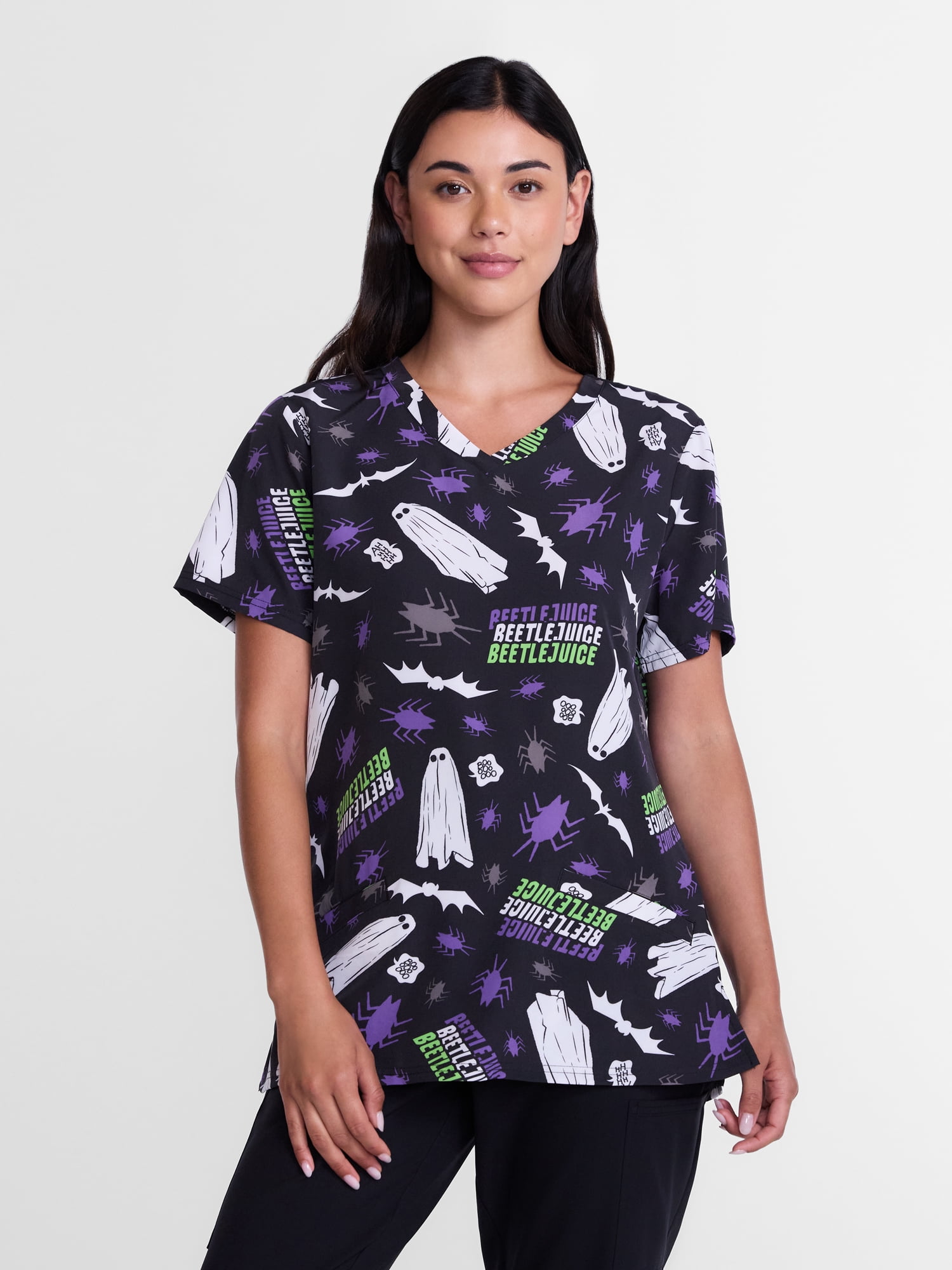 Beetlejuice Women's Halloween Scrub Top with Short Sleeves, Sizes S-XXXL