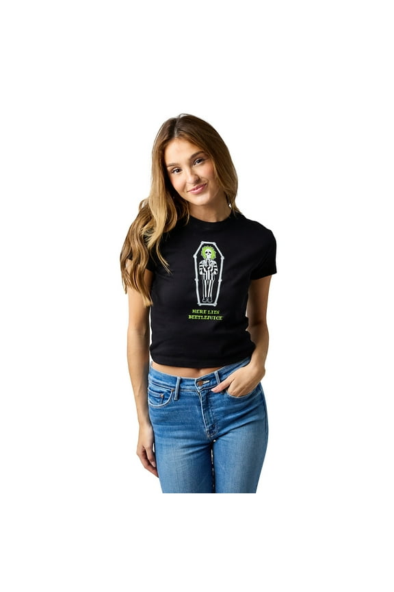 Beetlejuice Here Lies Betelgeuse Women's Black Crew Neck Short Sleeve 18" Baby Tee-XXL