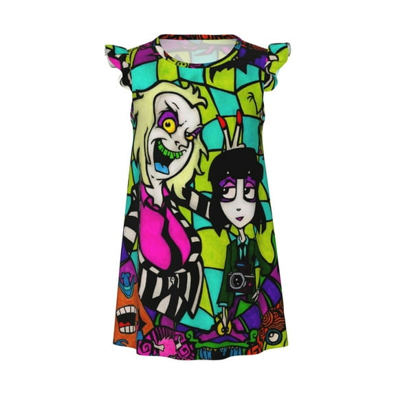 Beetlejuice Little Girls Nightgowns Print Flutter Sleeve Casual Pajamas Dress Soft Cute Toddler Kids Sleepwear 2-8 Years