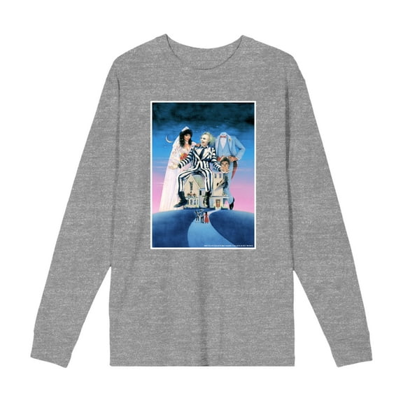 Beetlejuice Mansion Key Art Adult Heather Gray Crew Neck Long Sleeve Tee-XXL