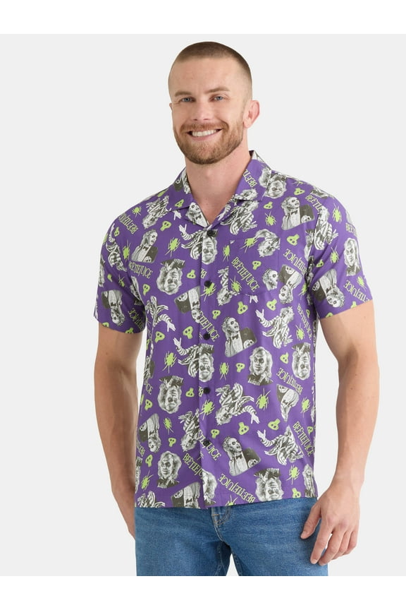 Men's and Big Men's Print Button-Up Cotton Shirt with Short Sleeves, Sizes XS-3XL