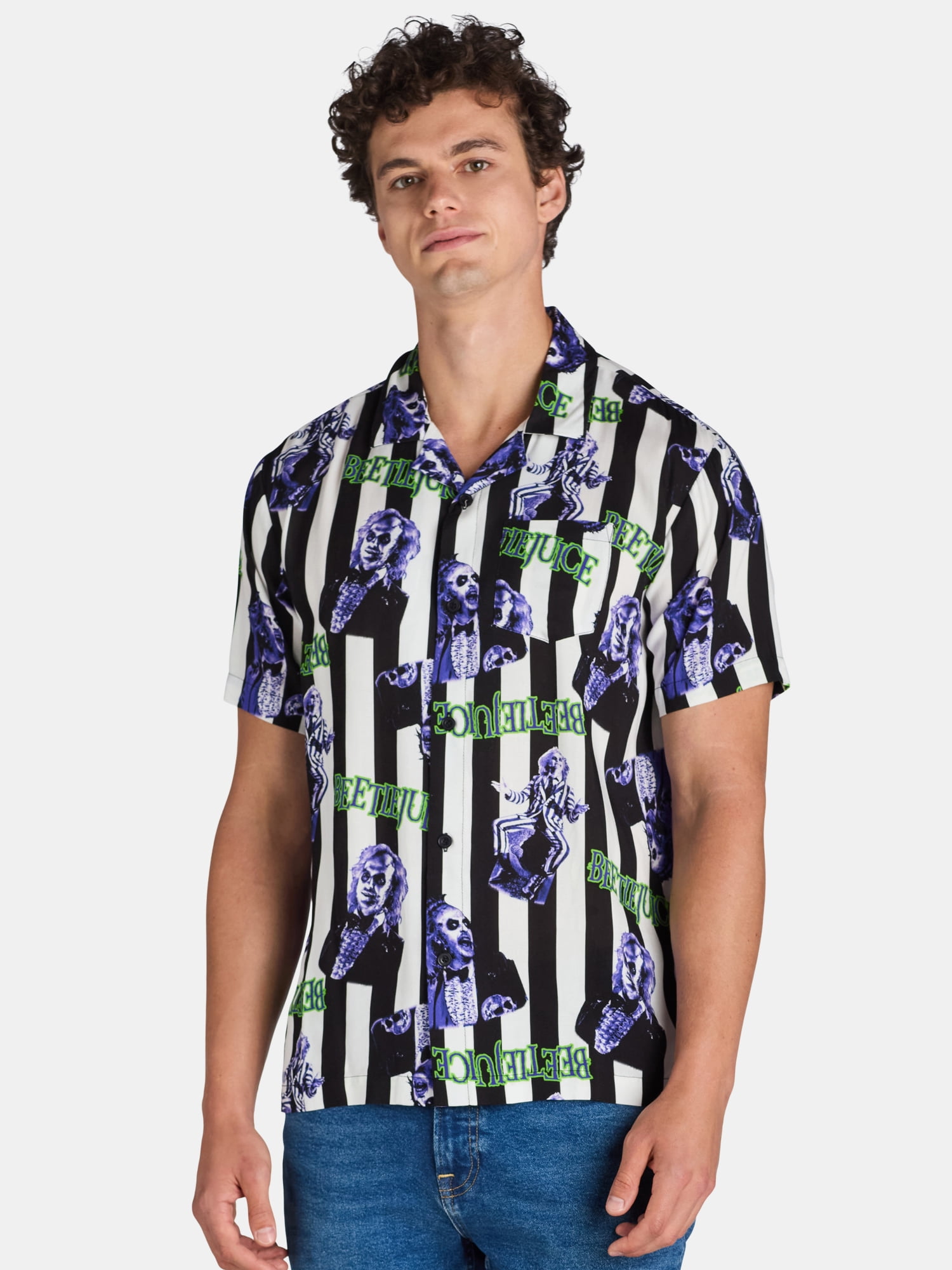 Beetlejuice, Mens Graphic Print Rayon Shirt, Stripe Pattern, Sizes XS-3XL