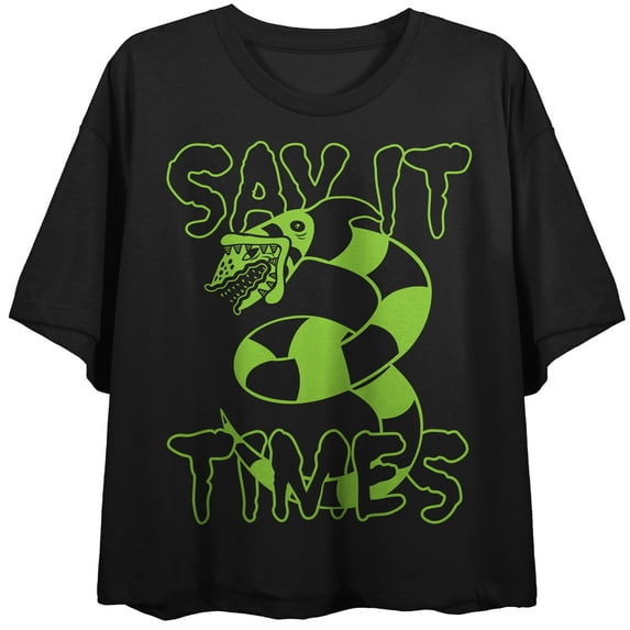 Beetlejuice Movie Say It 3 Times Snake Graphic Juniors Black Crop Top-XS