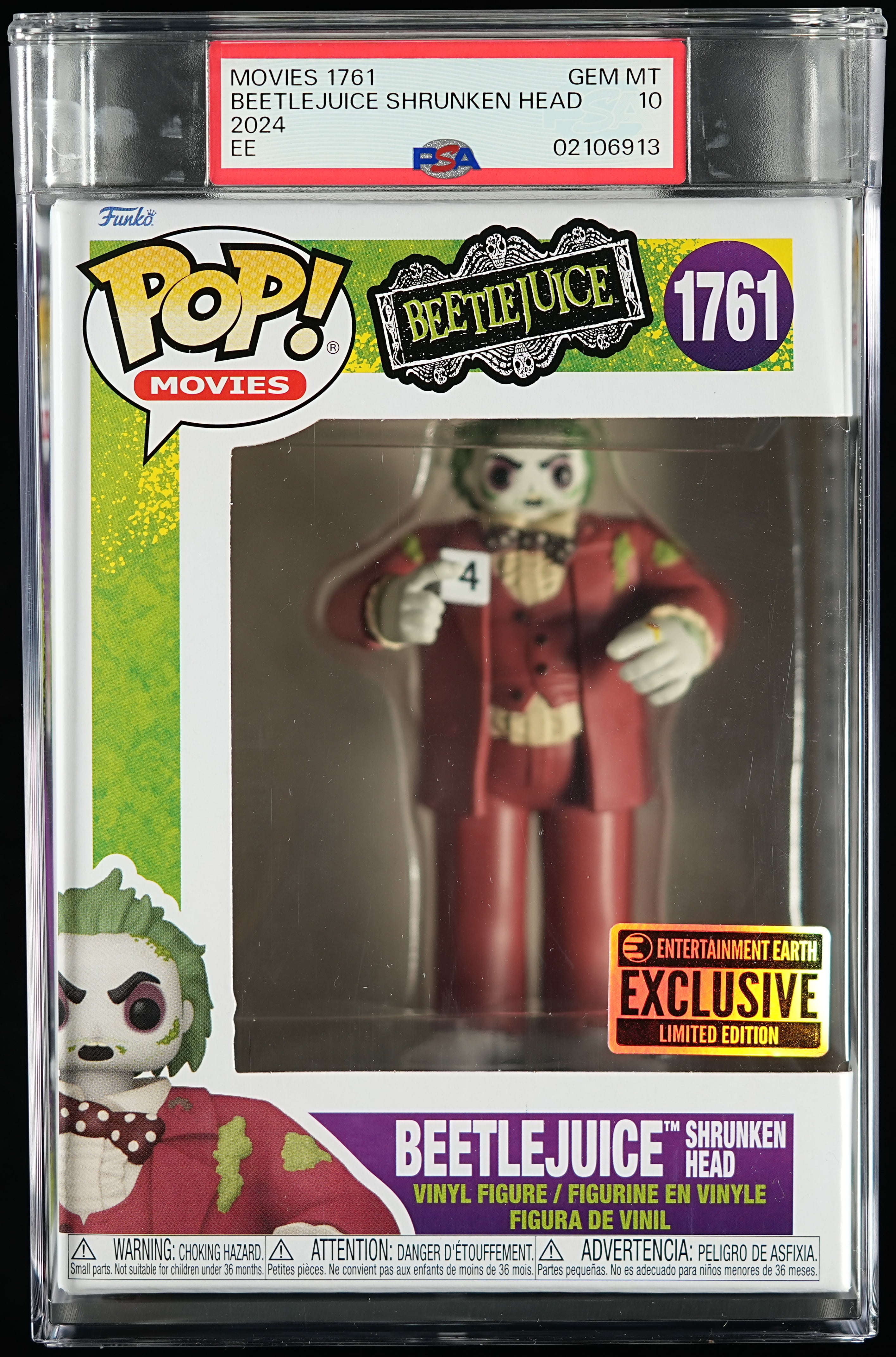 Beetlejuice, PSA Graded 10 GEM MINT, Beetlejuice Shrunken Head Collectible Vinyl Figure #1761, Fully Encapsulated Bundle with Compatible Funko Pop! PSA Hard Protector Case