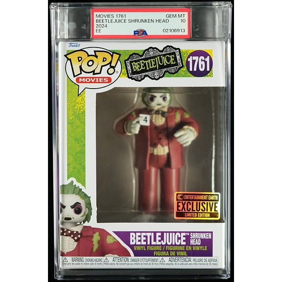 Beetlejuice, PSA Graded 10 GEM MINT, Beetlejuice Shrunken Head Collectible Vinyl Figure #1761, Fully Encapsulated Bundle with Compatible Funko Pop! PSA Hard Protector Case