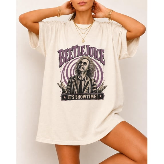 Beetlejuice Portrait It's Showtime T-shirt, Horror Movie Graphic Tee,Natural Color,Size L