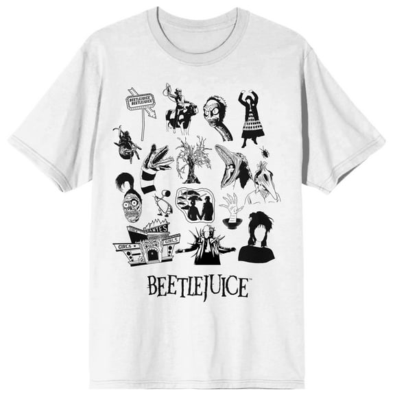Beetlejuice Random Black Icons Stack Men's White Crew T-Shirt-Medium