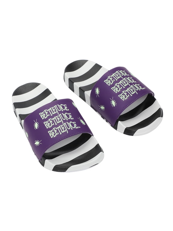 Beetlejuice Repeat Movie Title Men's Black & White Striped Slide Sandals
-Large
