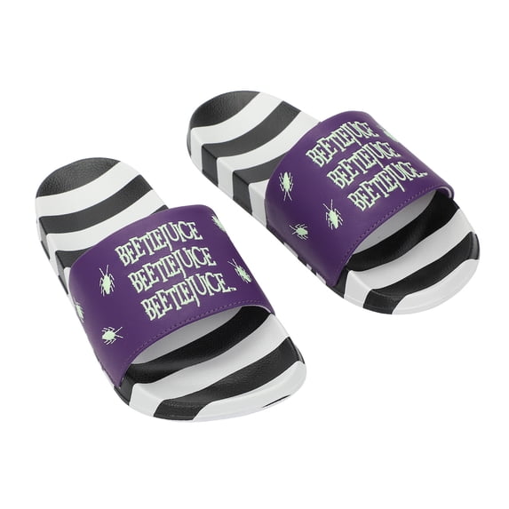 Beetlejuice Repeat Movie Title Men's Black & White Striped Slide Sandals
-Small