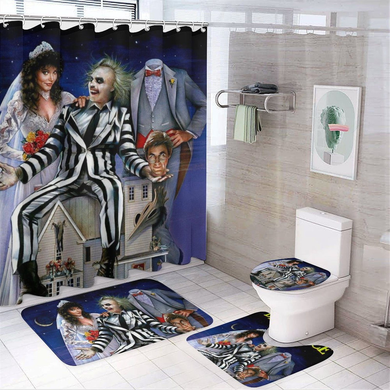 Beetlejuice Shower Curtain Set 4 Piece, Set Bathroom Sets with Rugs(Bath Mat,U Shape Mat Toilet Lid Cover Mat) Durable Bathroom Decor