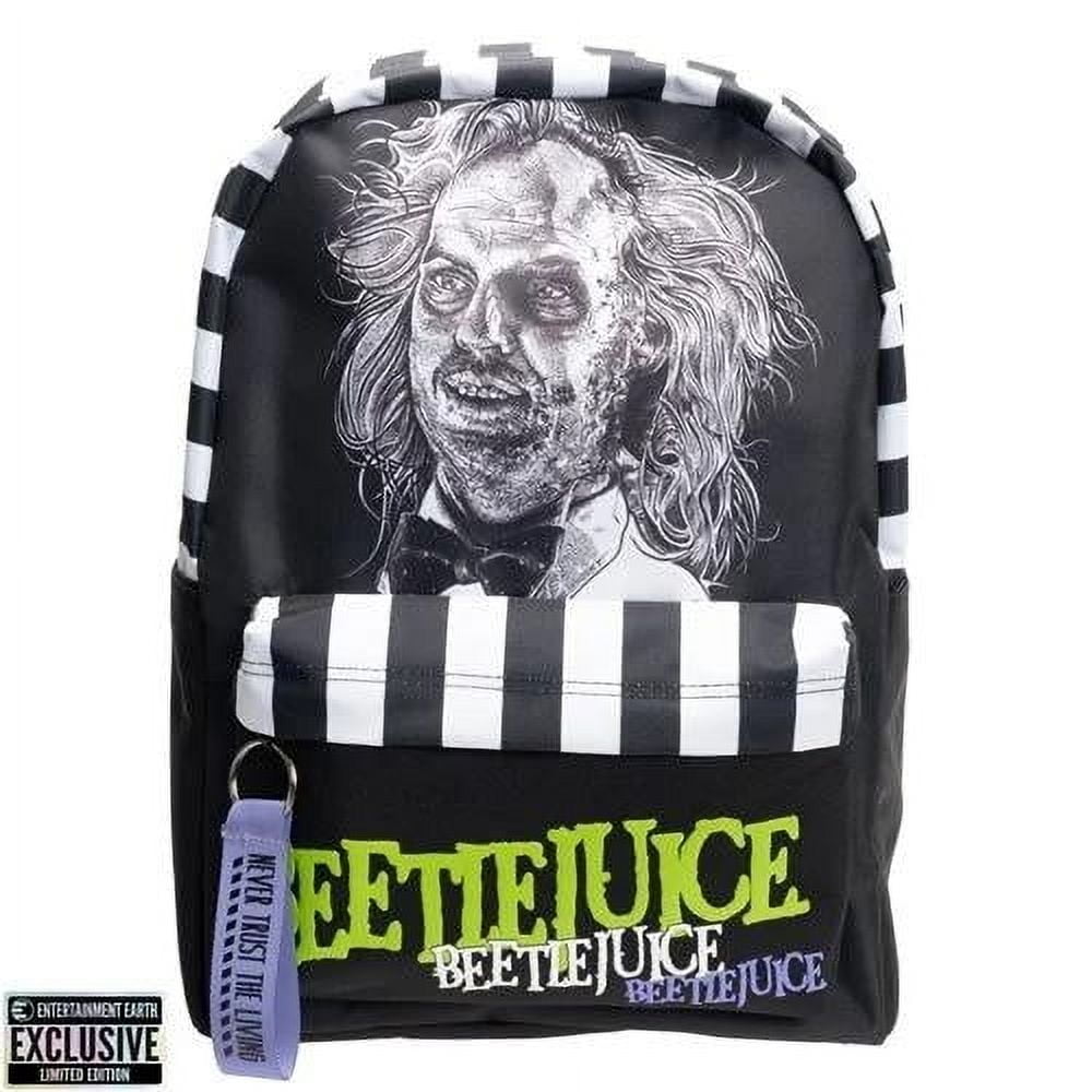BIOWORLD Beetlejuice Striped Backpack - Entertainment Earth Exclusive - Beetlejuice Backpack - Durable Mesh Bag Lightweight Backpack for Fans & Collectors, Black & White Stripe Bag, Silver | Unisex |