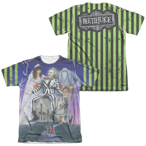 Beetlejuice Striped Poster (Front/Back Print) Unisex Adult Front Only Poly/Cotton Sublimated T Shirt,Multi, 2X-Large
