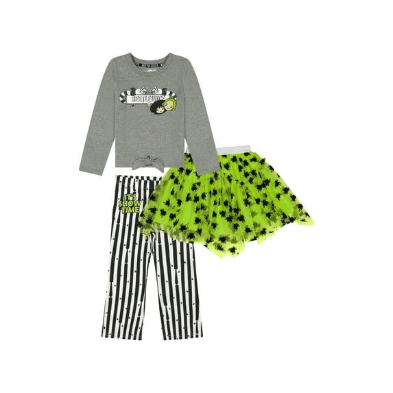 Beetlejuice Toddler Girls Long Sleeve Top, Tulle Skirt, and Leggings Set, 3-Piece, Sizes 12M-5T