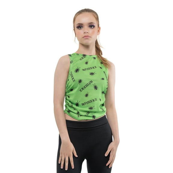 Beetlejuice Vest Repeat Logo Ruched Side Cropped Womens Skinny Fit Green