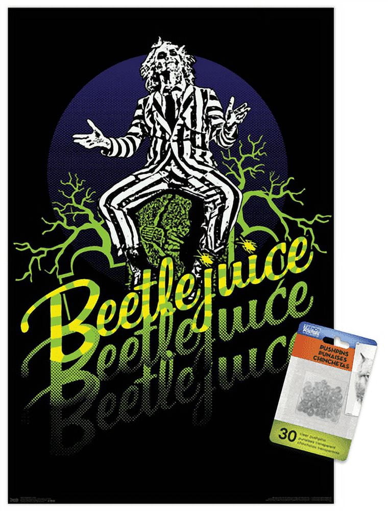 Beetlejuice - Yellow and Green Neon Wall Poster with Push Pins, 14.725" x 22.375"