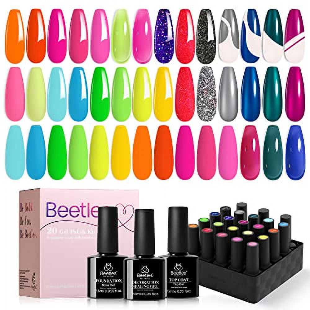 Beetles 20 Colors Gel Art Kit with 3Pcs Base Gel Glossy Top Coat and