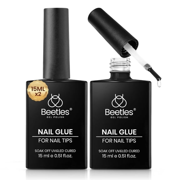 Beetles Gel Nail Glue, 2 x 15ml, Clear Self-Leveling UV Formula for Nail Tips