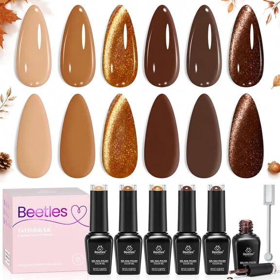 Beetles Nude Brown Cat Eye Gel Polish Set, 6 Colors, Fall Shades with Magnet