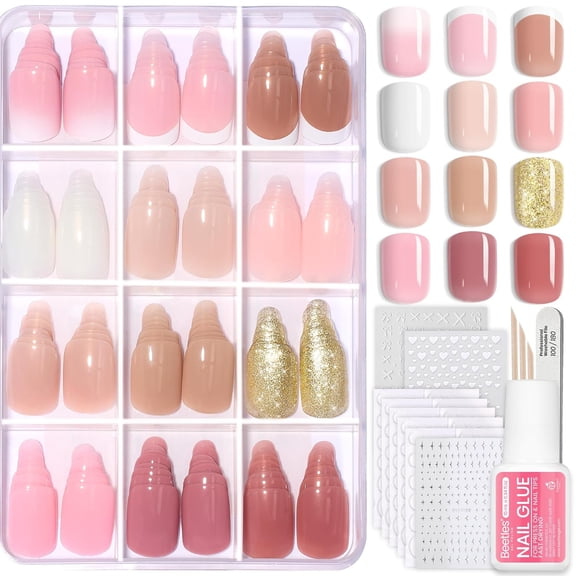 Beetles Caramel Drift Press On Nails Kit, Short Square, 360 Pcs 12 Colors with Nail Glue, Adhesive Tabs & Nail Art Stickers