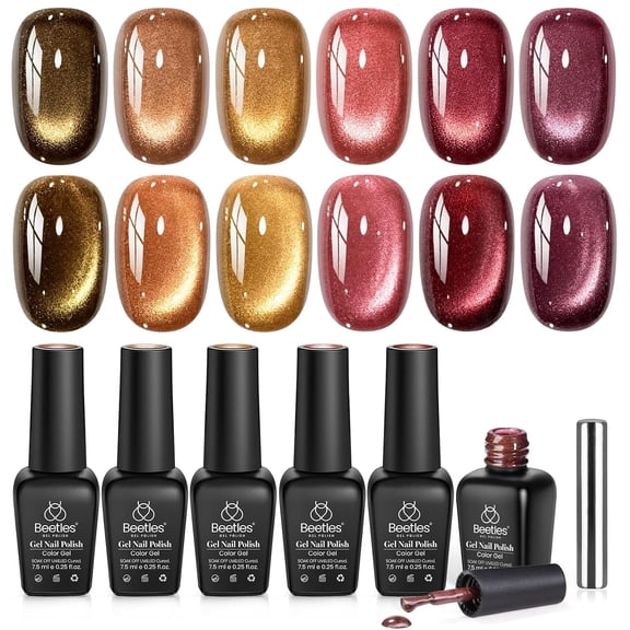 Beetles Gilded Street Cat Eye Gel Nail Polish Set, 6 Colors Brown Red Gold Copper Magnetic Gel