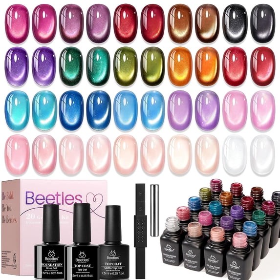 Beetles Cat Eye Gel Nail Polish Set, Timeless Gleam 20 Colors Fall Gel Polish with Base Coat, Matte and Glossy Top Coat and 2 Magnets