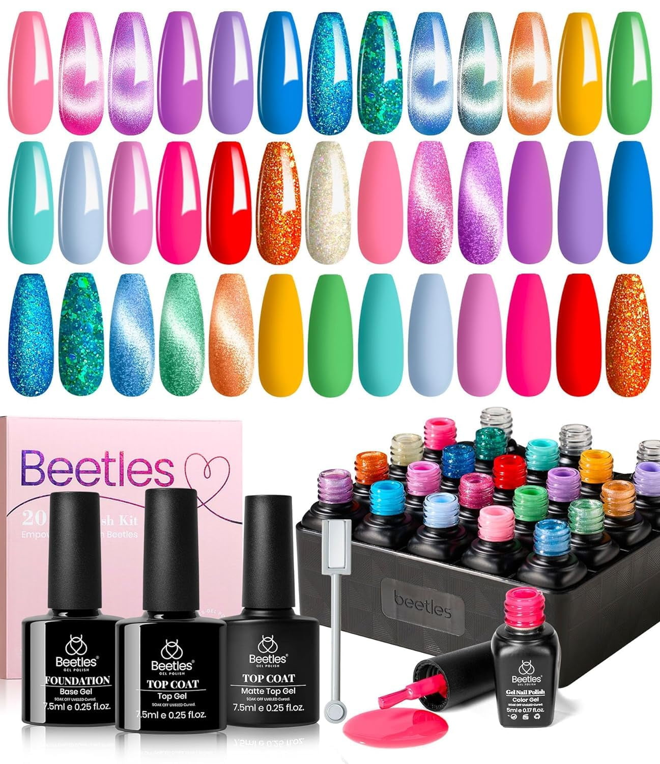 Beetles Cat Eye Neon Gel Nail Polish Set 23 Pcs, Rainbow Glitter Pastel
