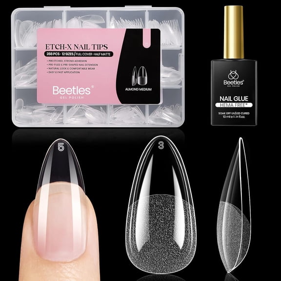 Beetles Etch-X Soft Gel Nail Kit, Medium Almond Nail Tips 288 PCS 12 Sizes, Pre-Etched Half Matte Full Cover with 10ml HEMA-Free Nail Glue