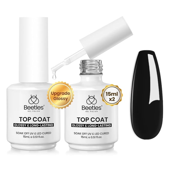 Beetles Extra Glossy No Wipe Gel Top Coat 2 Pcs 15 ml | Super Shiny Clear Glossy for Gel Nail Polish, Soak-Off UV Lamp Nail Salon Manicure DIY Home
