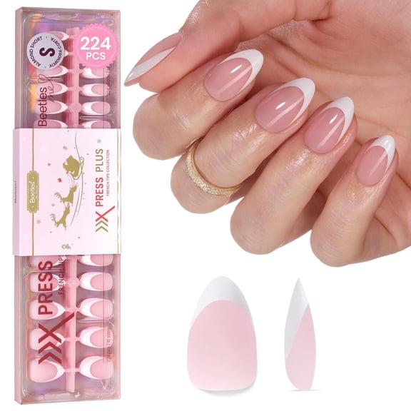 Beetles French Tip Press On Nails, Short Almond Pink, 224pcs for DIY Manicure and Nail Art
