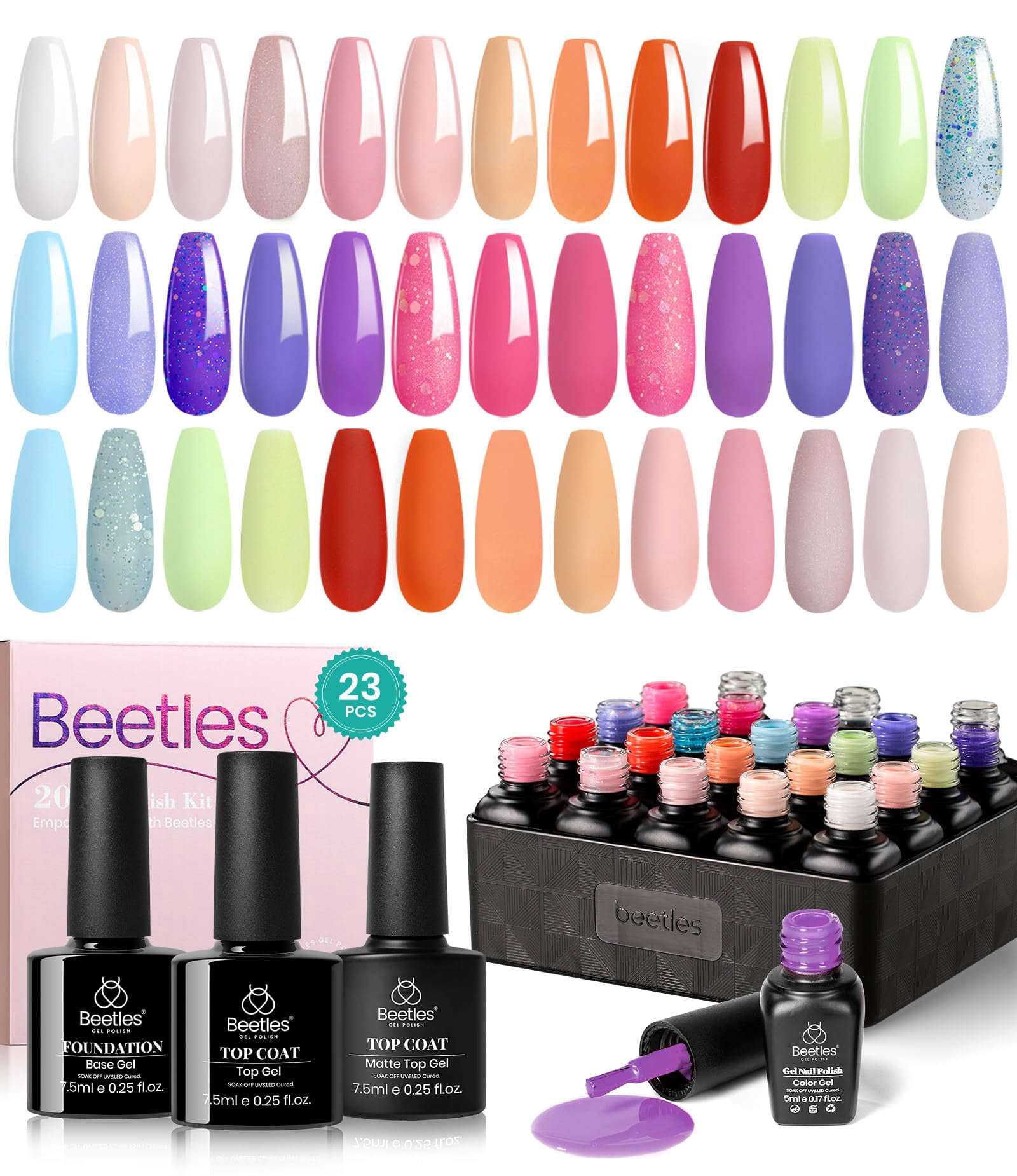 Beetles Gel Nail Polish Kit with Base Top Coat, 23Pcs Spring Summer Pastel Gel Polish Nude Pink Purple Orange Colors Glamour Games Collection Nail Art Soak off Gel Nail Manicure Kit Gift for Girls