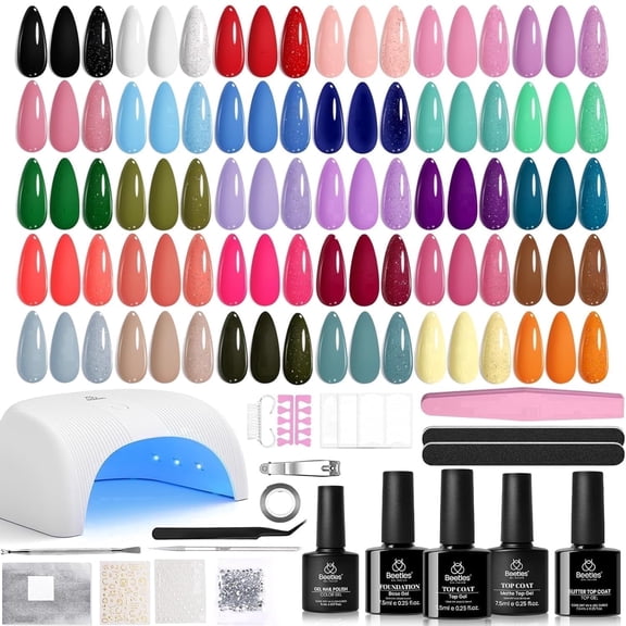 Beetles Gel Nail Polish Kit with UV Light, 32 Colors, Base and Top Coats, Four Seasons Glow, Soak-off Manicure, 54 Pieces