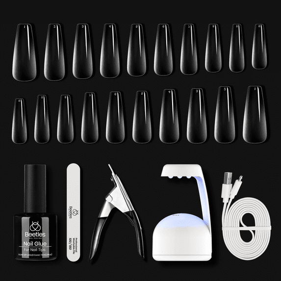Beetles Gel Nail Polish Long Coffin Nail Tips Nail Gel Kit, 2 In 1 Nail Gel Base Coat with Long False Nail and U V LED Nail Lamp for Gel Art Liner Polish Extension Set