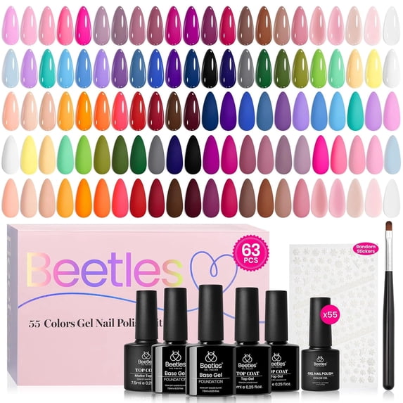 Beetles Gel Nail Polish Set, 63 PCS 55 Colors Gel Polish Kit with Nail Art Stickers, Brush, Base Coat, Glossy and Matte Top Coat for UV LED Manicures