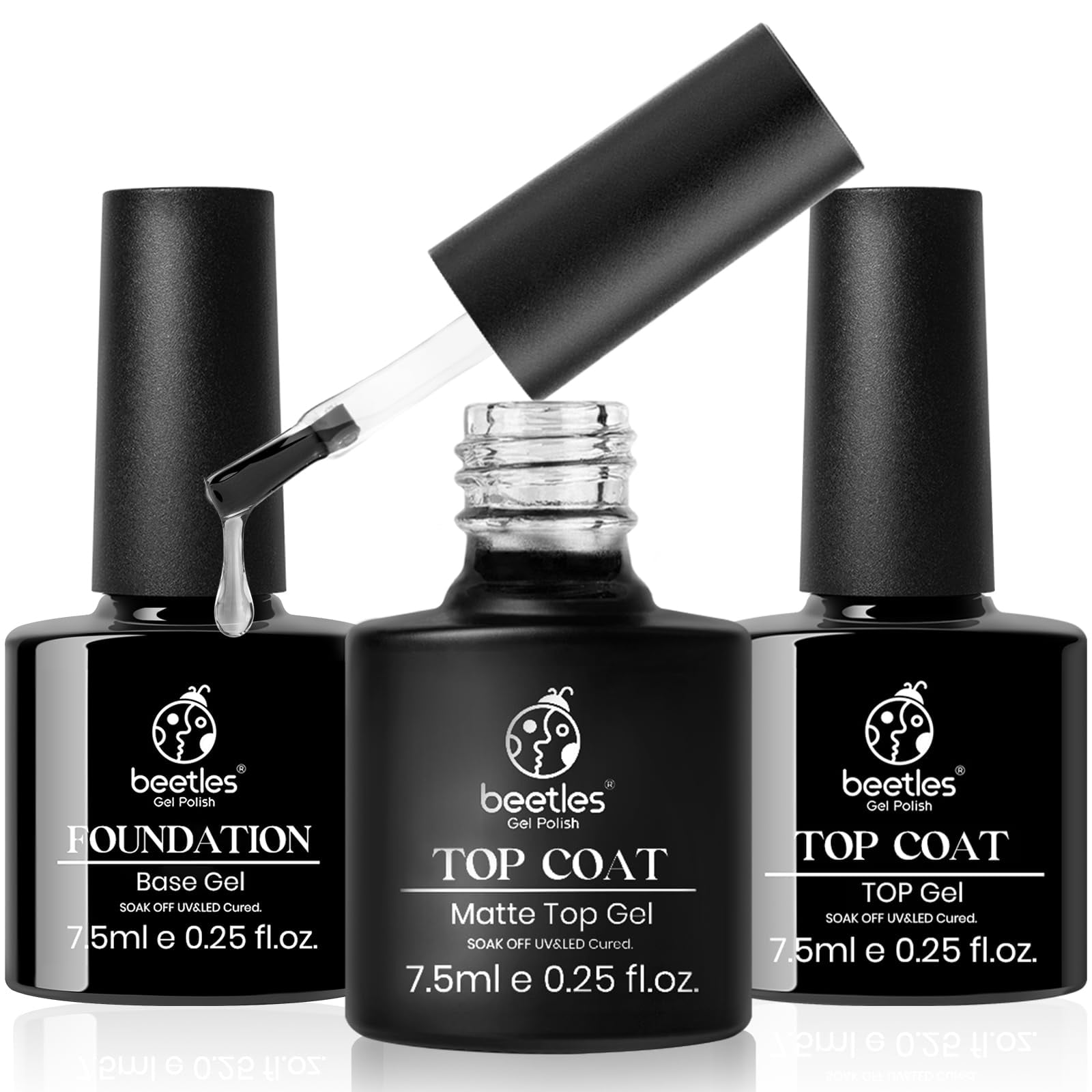 Beetles Gel Top Coat Base Coat Set for Gel Nail Polish, 3Pcs No Wipe Base Gel Matte & Shiny Top