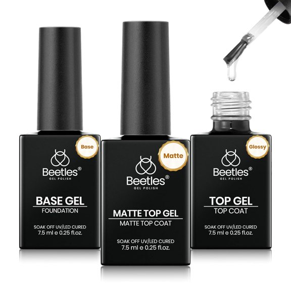 Beetles Gel Top Coat, Matte Top and Base Coat Set, 3 Pcs 10ml Glossy Matte No Wipe Long Lasting Basic Combination Soak Off LED Nail Lamp Art DIY Design Gifts for Women
