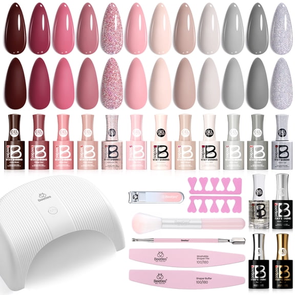 Beetles Mini Mani Studio Gel Nail Polish Starter Kit with UV Lamp, Cozy Elegance Shades, 12 Colors
