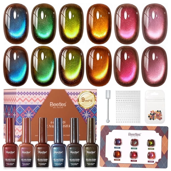 Beetles Mocha Sweater Cat Eye Gel Nail Polish Set, 6 Colors 9ml Fall Gel | Brown-Based Iridescent Cat Eye Gel Kit Magnetic Effect, Button Charms & Star Stickers & Magnet, Soak Off UV Salon at Home