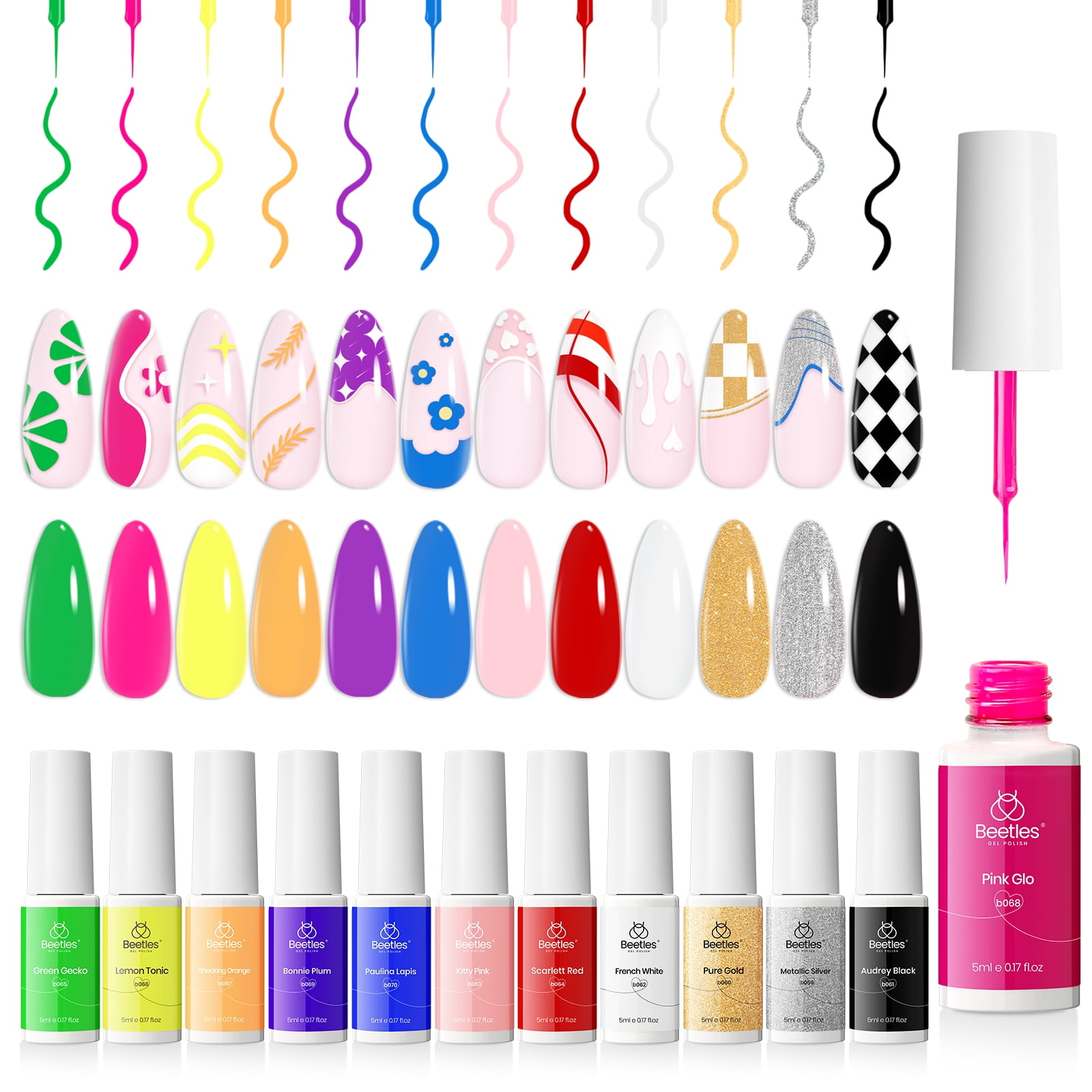 Beetles Nail Art Polish Gel Liner Nails Set, 12 Popular Black White