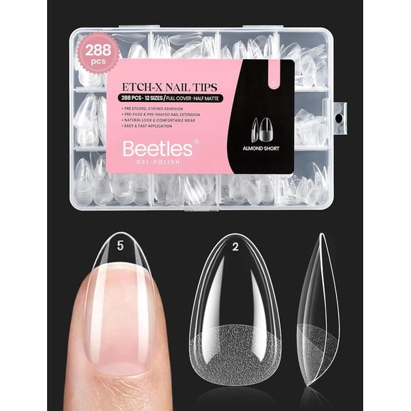 Beetles Soft Gel Nail Tips, Short Almond, 288 Count, 12 Sizes, Pre-Etched Full Cover Tips