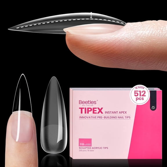 Beetles Tipex Instant Apex Nail Tips, Long Stiletto, 512 Count, 16 Sizes, Pre-Etched Full Cover Tips